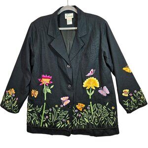 The Quaker Factory Embroidered Jacket Womens L Flwoers Butterflies floral retro